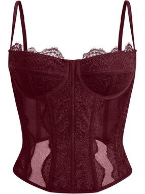 Women's Maroon Boned Lace Mesh Underwire Bustier Spaghetti Strap Corset Tank Top